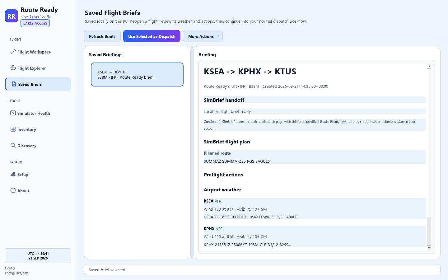 Current Route Ready Pro Early Access Saved Flight Briefs page with routing, SimBrief handoff, and airport weather.