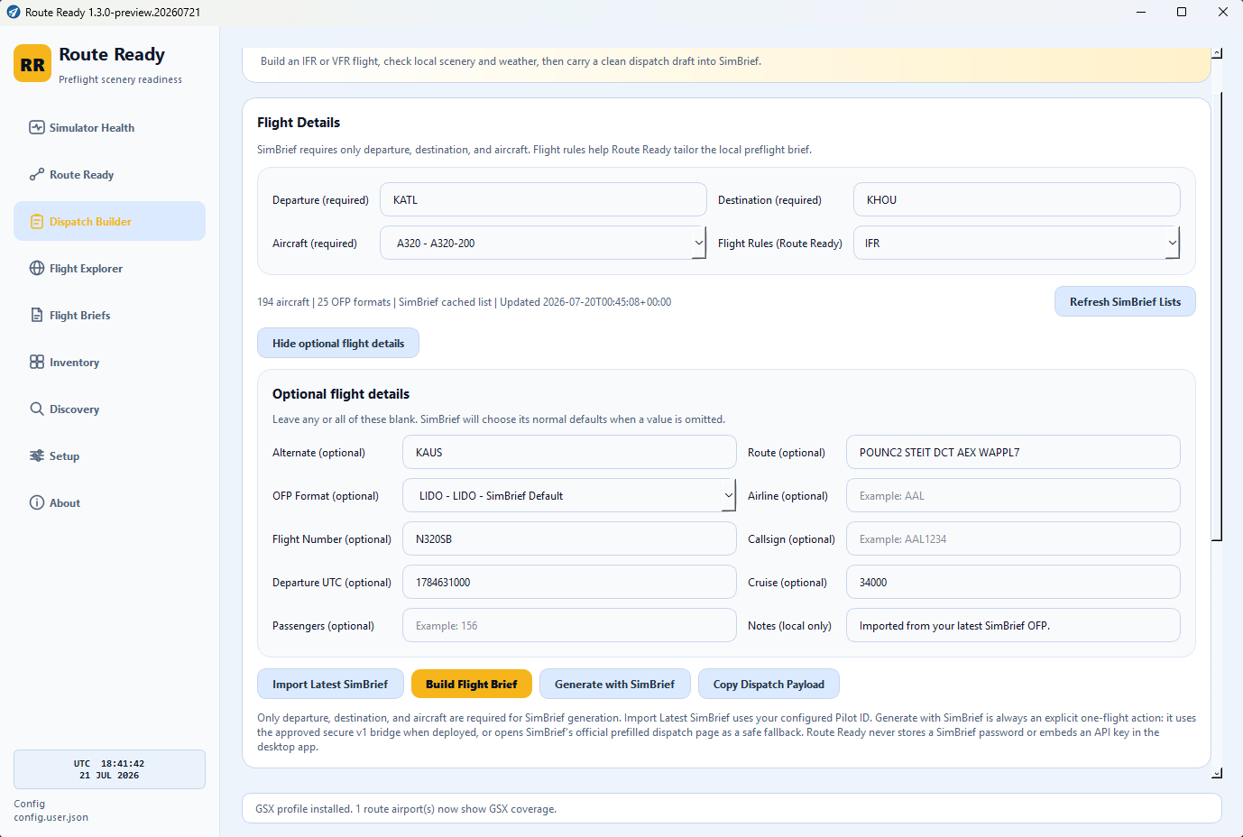 Route Ready Pro Dispatch Builder with required and optional SimBrief flight details.