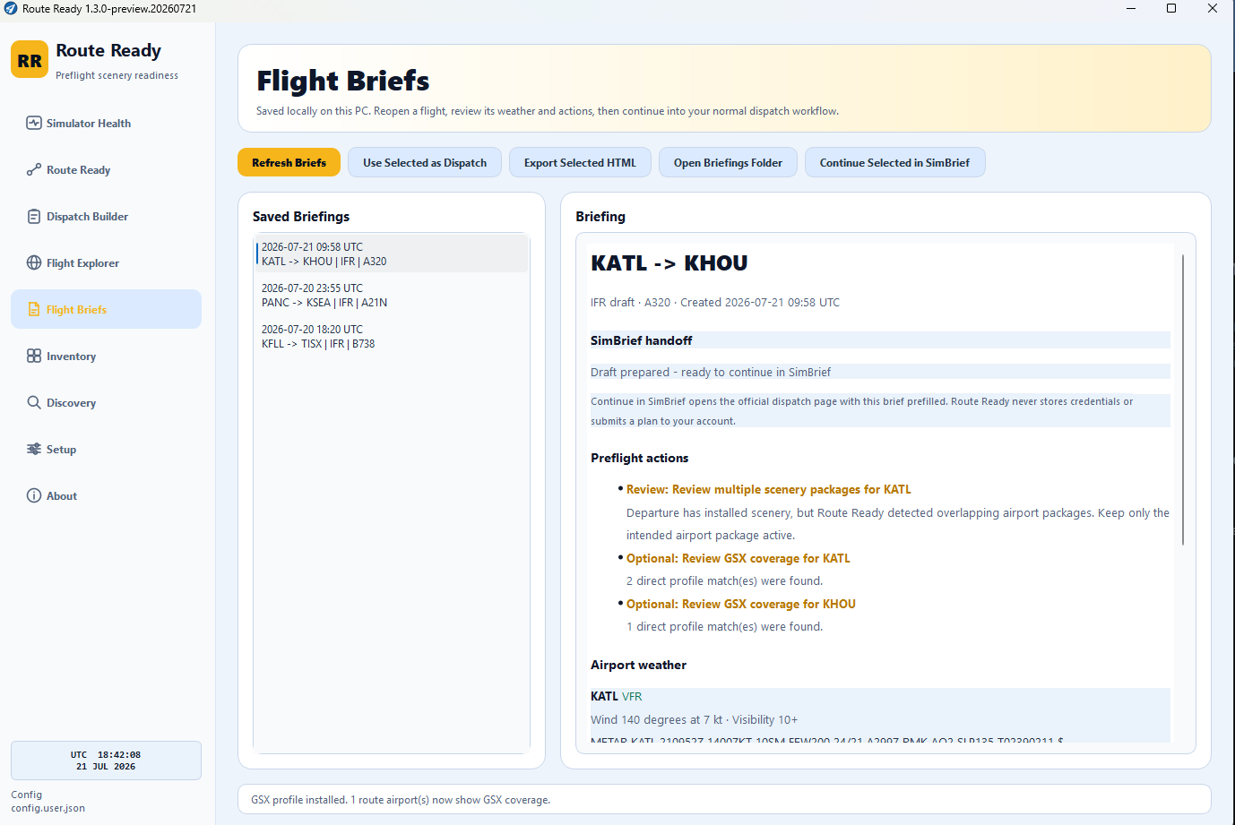 Route Ready Pro Flight Briefs page showing saved local briefings and preflight actions.