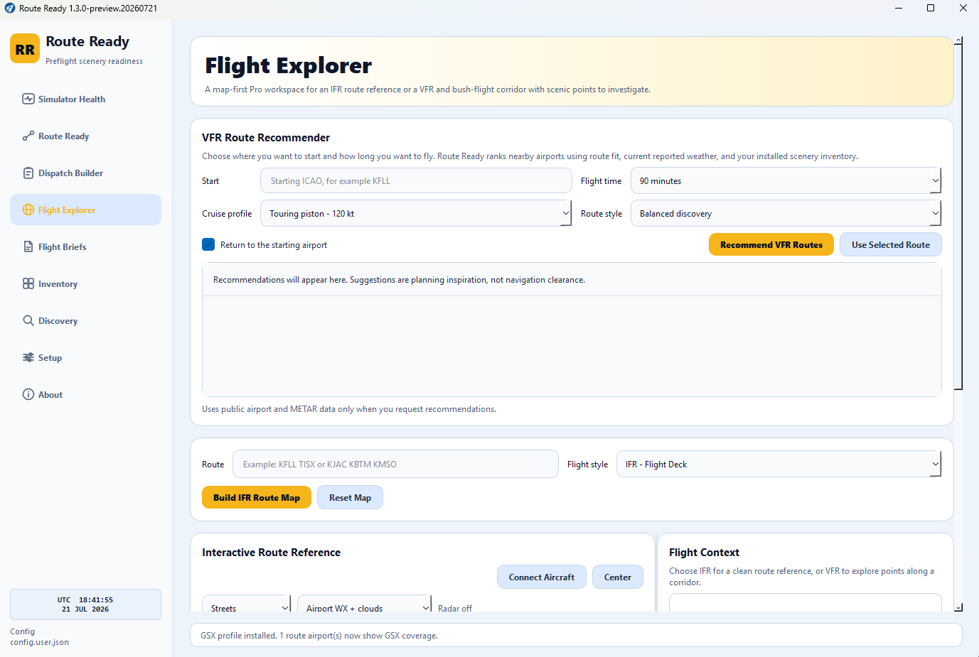 Route Ready Pro VFR Route Recommender with flight time, cruise profile, and route style controls.
