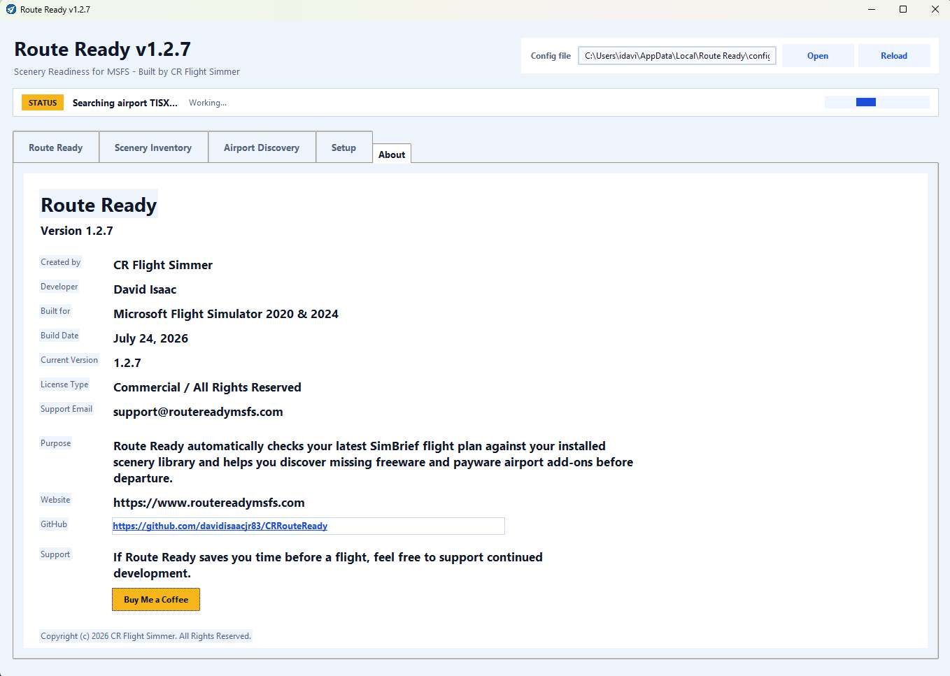 Route Ready v1.2.7 About page with support, product, and version information.