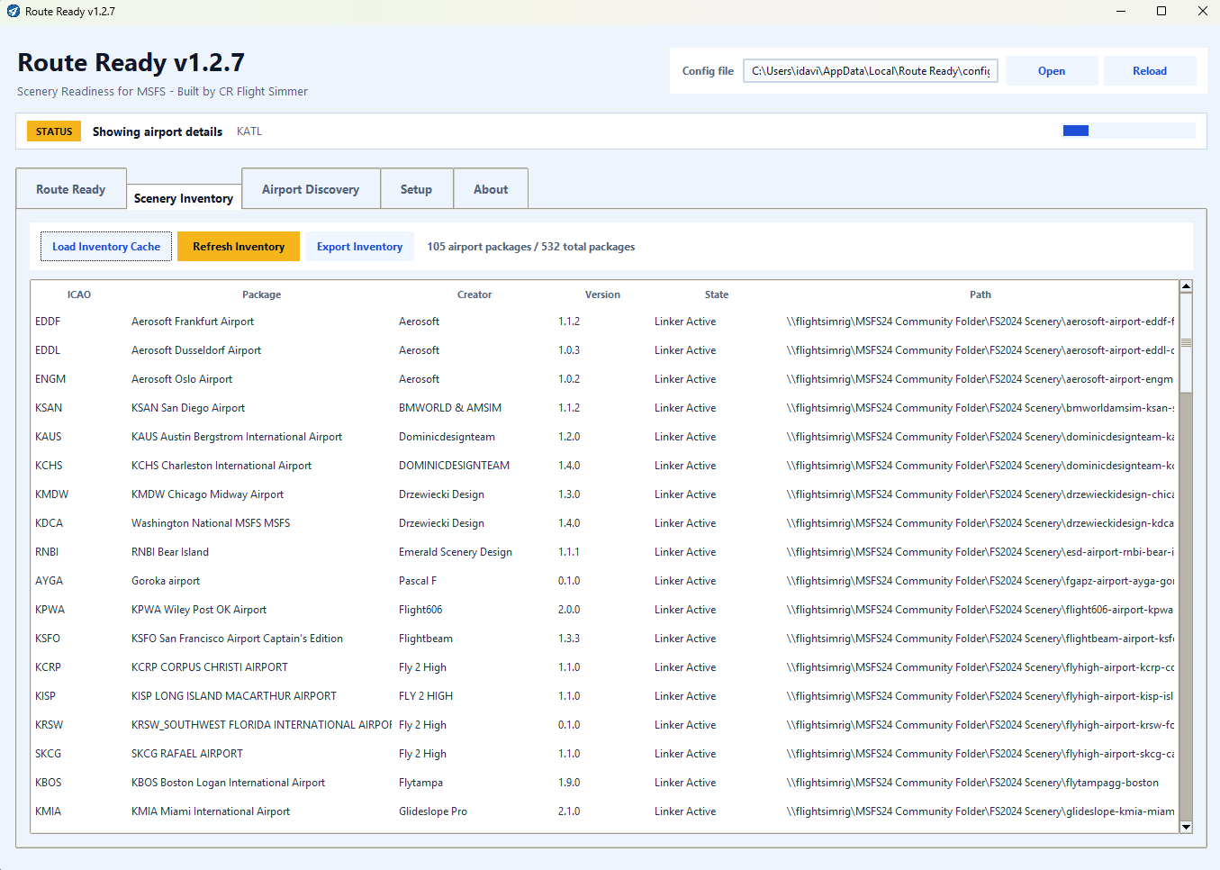 Route Ready v1.2.7 scenery inventory showing installed airport packages and their Addons Linker state.